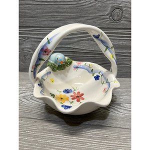 Vintage Hand Painted Ceramic Blue Bird in a Nest Floral Basket